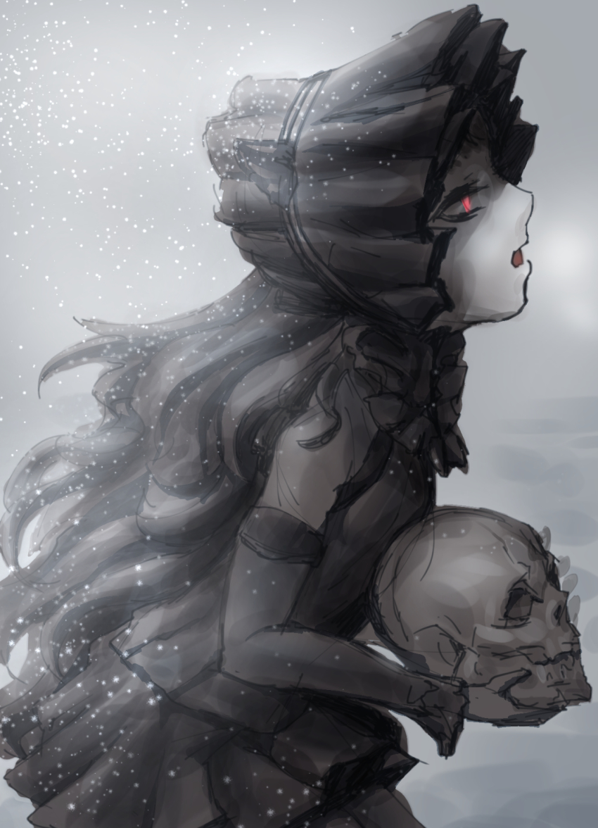 10s, 1girl, abyssal_ship, black_hair, bonnet, colored_skin, detached_sleeves, female_focus
