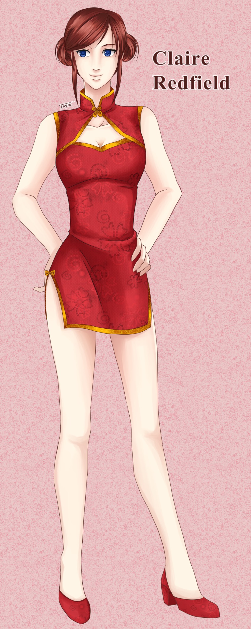 1girl, absurdres, blue_eyes, breasts, brown_hair, china_dress, chinese_clothes, claire_redfield, cleavage, dress, female_focus, highres, jinjoo, legs, long_hair, ponytail, resident_evil, resident_evil_2, solo