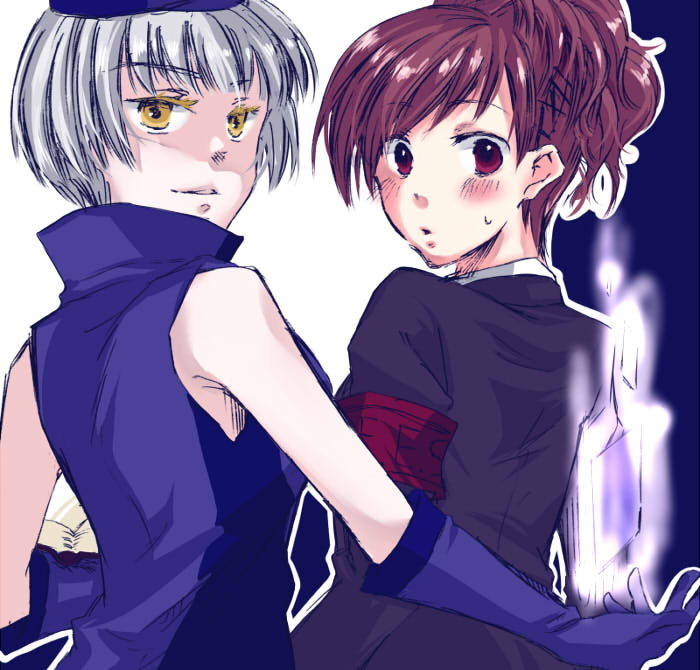 2girls, ako_(so_crazy!?), blush, bob_cut, brown_hair, elizabeth_(persona), gloves, looking_at_viewer