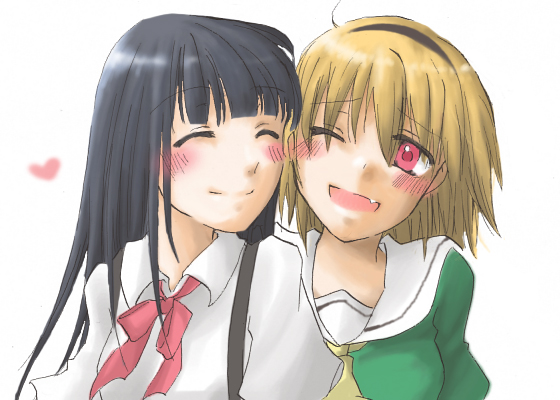 2girls, ako_(so_crazy!?), blonde_hair, blue_hair, blush, bow, closed_eyes, furude_rika