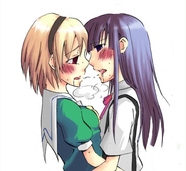 2girls, ako_(so_crazy!?), blonde_hair, blue_hair, blush, bow, female_focus, french_kiss