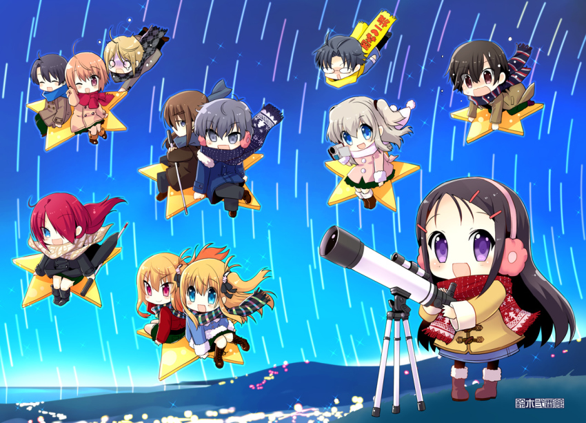 10s, 6+boys, 6+girls, camcorder, cane, charlotte_(anime), chibi, earmuffs