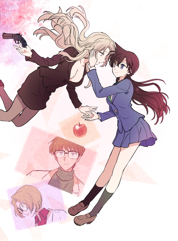 1boy, 3girls, age_difference, akiyoshi_(tama-pete), apple, araide_tomoaki, black_socks, blonde_hair, blue_eyes, breasts, brown_hair, cleavage, food, formal_clothes, fruit, gun, hand_on_another's_face, handgun, holding_hands, kneehighs, loafers, long_hair, looking_at_another, meitantei_conan, miniskirt, mouri_ran, multiple_girls, multiple_persona, necktie, open_mouth, pantyhose, pistol, school_uniform, shoes, skirt, skirt_suit, smile, socks, spoilers, suit, vermouth_(meitantei_conan), weapon, yuri