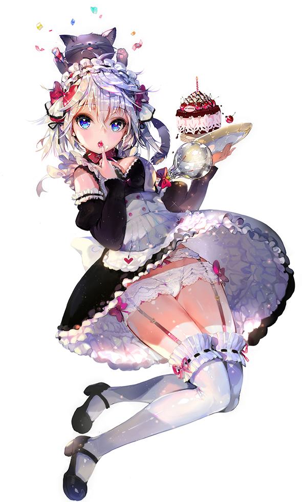 1girl, blue_eyes, breasts, cake, cat, crab_d, female_focus, food