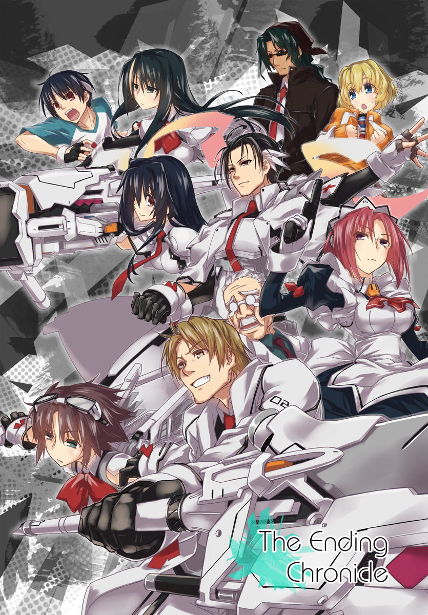 apron, black_hair, blonde_hair, bodysuit, brown_hair, dan_harakawa, glasses, gun