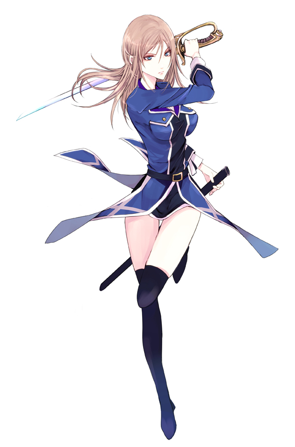 10s, 1girl, awashima_seri, black_thighhighs, blue_eyes, brown_hair, female_focus, holding, holding_sword, holding_weapon, k-project, long_hair, saryou, simple_background, solo, sword, thighhighs, uniform, weapon, white_background
