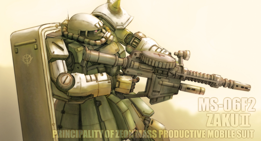 1990s_(style), emblem, english_text, glowing, glowing_eye, grenade_launcher, gun, gundam