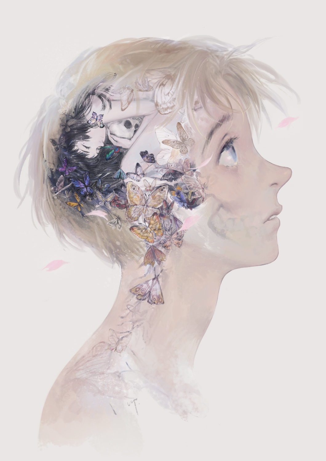 10s, 1boy, 1girl, bad_id, bad_pixiv_id, beige_background, black_hair, blonde_hair