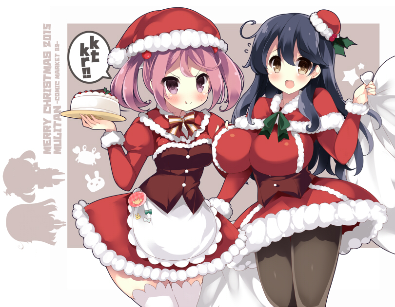 >:p, 10s, 2girls, :d, :p, ahoge, akikaze_tsumuji, apron, asymmetrical_docking, badge, bag, black_legwear, blue_hair, blush, breast_press, breasts, cake, capelet, christmas, commentary_request, corset, covering_breasts, covering_privates, crab, dress, flying_sweatdrops, food, fur_(clothing), hair_between_eyes, hair_bobbles, hair_ornament, hat, holding, holding_bag, holly, huge_breasts, kantai_collection, long_hair, long_sleeves, looking_at_viewer, merry_christmas, mini_hat, multiple_girls, neck_ribbon, open_mouth, pantyhose, pink_eyes, pink_hair, puffy_long_sleeves, puffy_sleeves, rabbit, red_dress, ribbon, sack, santa_costume, santa_hat, sazanami_(christmas)_(kancolle), sazanami_(kancolle), short_hair, silhouette, skirt, smile, star_(symbol), thighhighs, tongue, tongue_out, tray, twintails, ushio_(kancolle), v-shaped_eyebrows, waist_apron, white_legwear, x_mouth