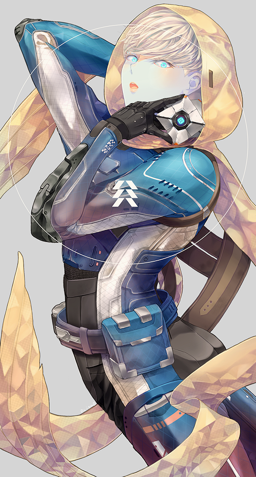 armor, blonde_hair, blue_eyes, blue_skin, cloak, colored_skin, destiny_(game), ghost_(destiny)