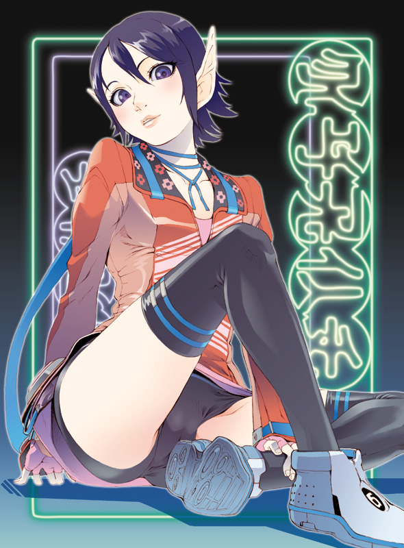 1girl, bike_shorts, black_background, black_thighhighs, blue_background, cameltoe, female_focus, fingerless_gloves