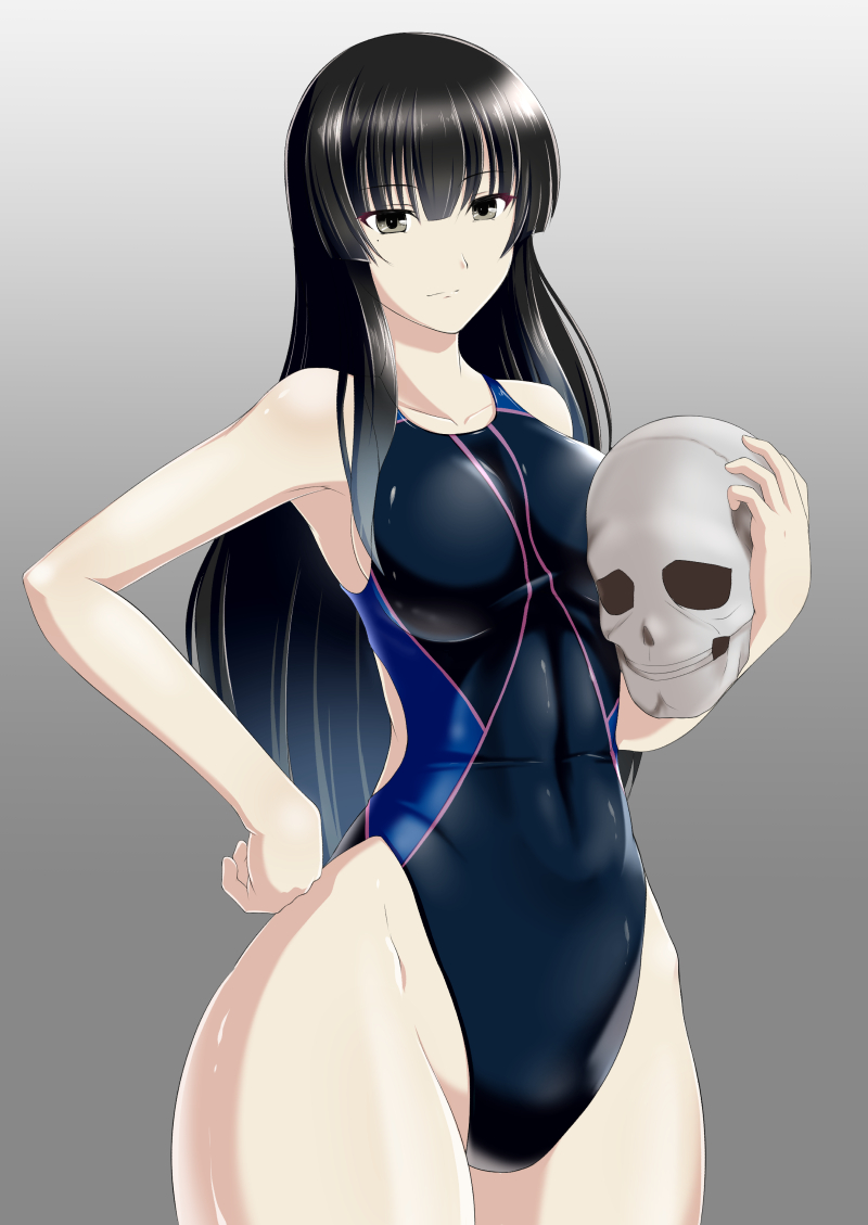 10s, 1girl, armpits, bare_shoulders, black_eyes, black_hair, breasts, commentary_request