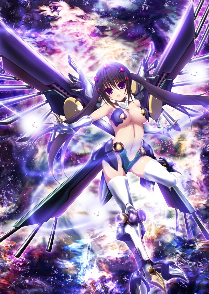1girl, :3, :d, akina_t, armor, bare_shoulders, black_hair, boots, breasts, cleavage, covered_erect_nipples, detached_collar, duel_monster, female_focus, full_body, ghost, gloves, gochuumon_wa_usagi_desu_ka?, groin, hair_between_eyes, highres, knee_boots, leg_up, long_hair, md5_mismatch, mechanical_wings, navel, open_mouth, parody, purple_eyes, raidraptor_-_rise_falcon, resized, resolution_mismatch, revealing_clothes, sidelocks, smile, solo, source_larger, stomach, tedeza_rize, thighhighs, twintails, very_long_hair, white_gloves, white_thighhighs, wings, yu-gi-oh!