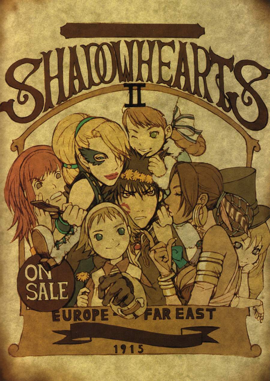 1boy, 6+girls, age_difference, anastasia_(shadow_hearts), angry, armlet, back, bare_shoulders, black_hair, blonde_hair, blue_eyes, blush, boots, bow, bracelet, braid, breasts, bridal_gauntlets, brown_hair, carrying, child, cleavage, clenched_teeth, copyright_name, cornelia_(shadow_hearts), cross-laced_footwear, dark_skin, dated, doll, doll_joints, dress, earrings, everyone, feather_hair_ornament, feathers, fingernails, flat_color, flipped_hair, flower, frown, fur_trim, gloves, green_eyes, grey_eyes, hair_bow, hair_bun, hair_ornament, hair_ribbon, half-closed_eyes, harem, hat, head_rest, high_heel_boots, high_heels, high_ponytail, highres, holding, hoop_earrings, imminent_kiss, index_finger_raised, jealous, jeanne_(shadow_hearts), jewelry, joints, karin_koenig, katou_miyako, kiss, light_brown_hair, light_smile, lipstick_mark, long_fingernails, lucia_(shadow_hearts), mature_female, multi-tied_hair, multiple_girls, nail_polish, necklace, official_art, one_eye_closed, piggyback, pimp, ponytail, red_hair, ribbon, ringlets, scan, shadow_hearts, shadow_hearts_ii, short_hair, single_hair_bun, sleeve_cuffs, small_breasts, smile, spiked_hair, teeth, top_hat, twin_braids, upper_body, veronica_vera, white_footwear, yuri_hyuga