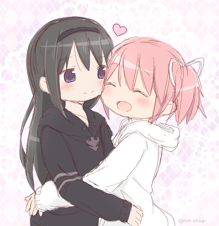 10s, 2girls, akemi_homura, bad_id, bad_pixiv_id, black_hair, blush, cheek-to-cheek