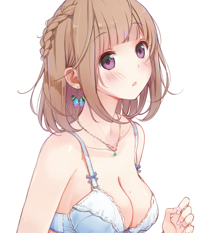 1girl, :o, bare_arms, bare_shoulders, blush, bra, braid, breasts