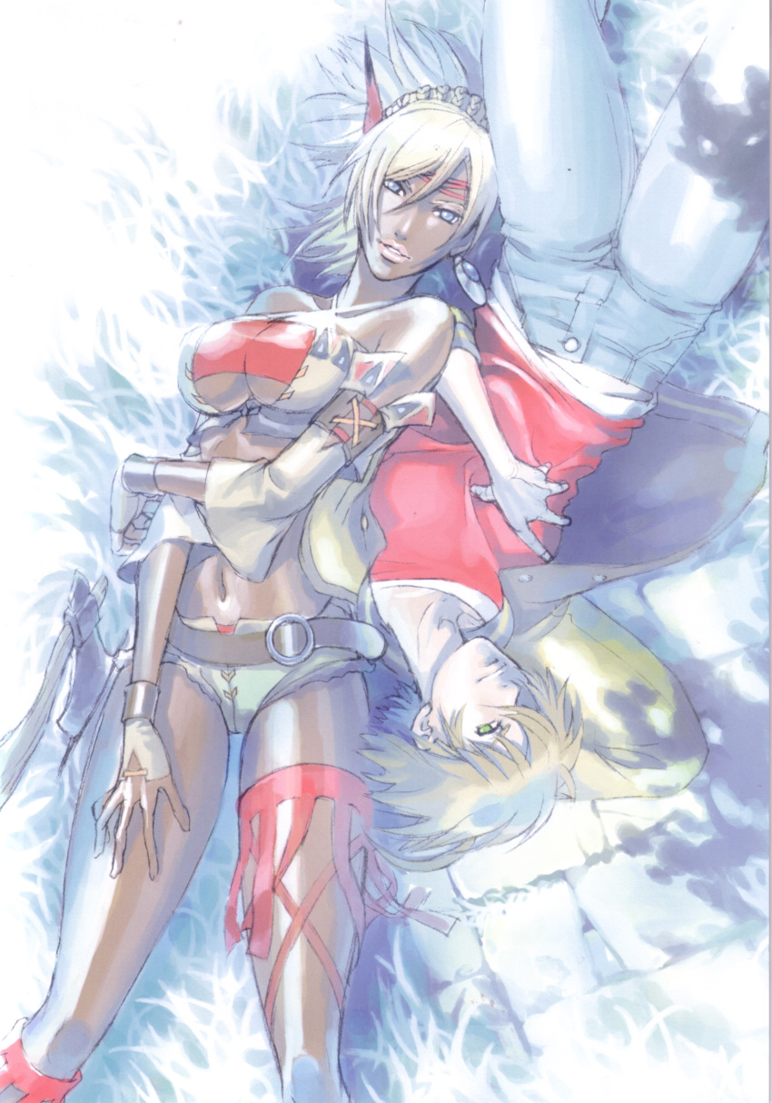 1boy, 1girl, absurdres, arm_behind_head, bandeau, bare_shoulders, belt, belt_skirt