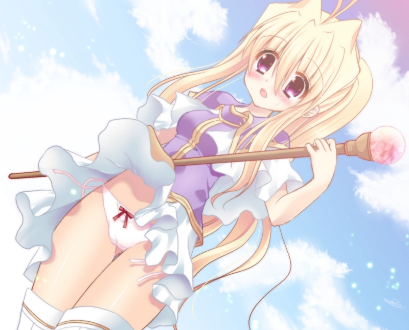 1girl, bad_id, bad_pixiv_id, blonde_hair, blush, bow, bow_panties, clarine_(fire_emblem), clothes_lift, female_focus, fire_emblem, fire_emblem:_the_binding_blade, long_hair, nintendo, open_mouth, panties, ponytail, purple_eyes, shirayuki_shion, side-tie_panties, skirt, skirt_lift, solo, staff, thigh_gap, thighhighs, underwear, untied_panties, white_panties, white_thighhighs, wind, wind_lift