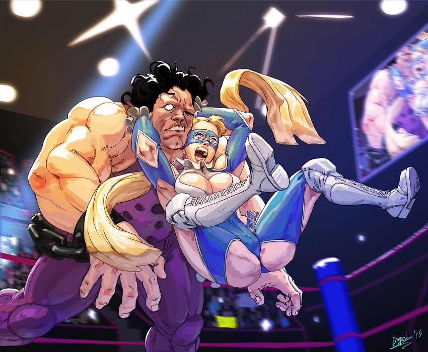 1boy, 1girl, bad_deviantart_link, bad_link, black_hair, blonde_hair, blue_eyes, boots, breasts, cleavage, diepod, domino_mask, eye_mask, highres, hugo_andore, leotard, long_hair, mask, open_mouth, rainbow_mika, street_fighter, street_fighter_iii_(series), street_fighter_v, stunner, twintails, very_long_hair, wrestling, wrestling_outfit, wrestling_ring
