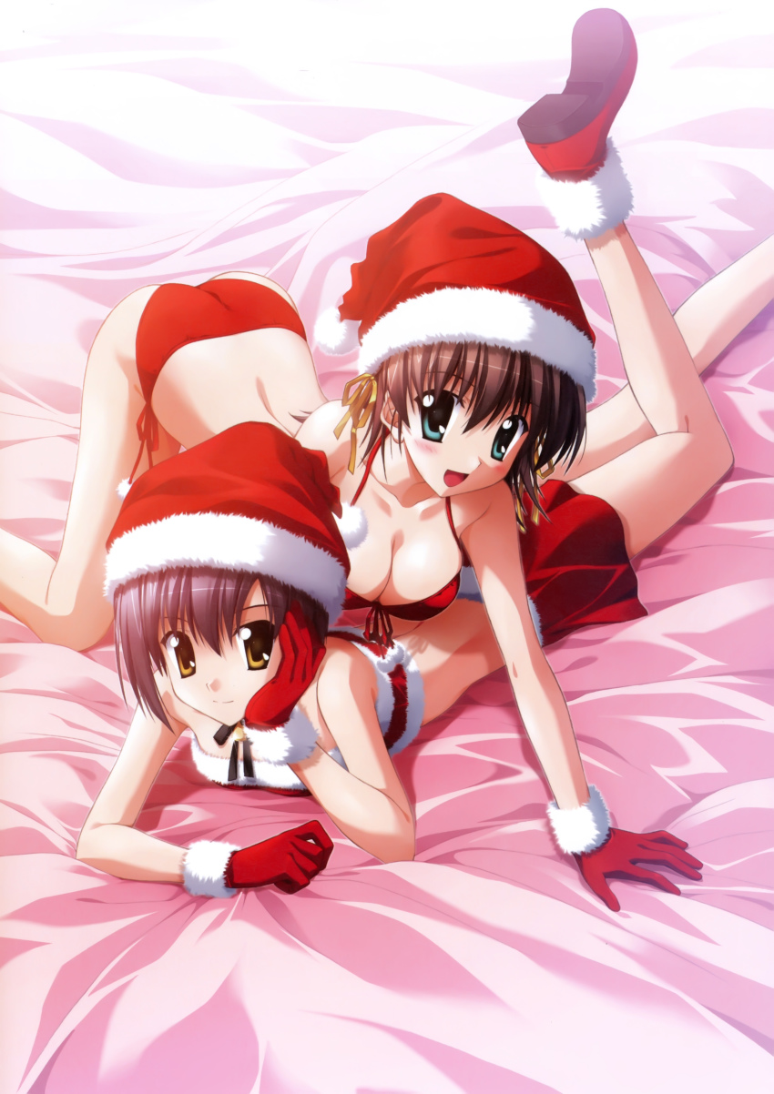 2girls, absurdres, all_fours, bell, bikini, black_ribbon, breasts, brown_eyes