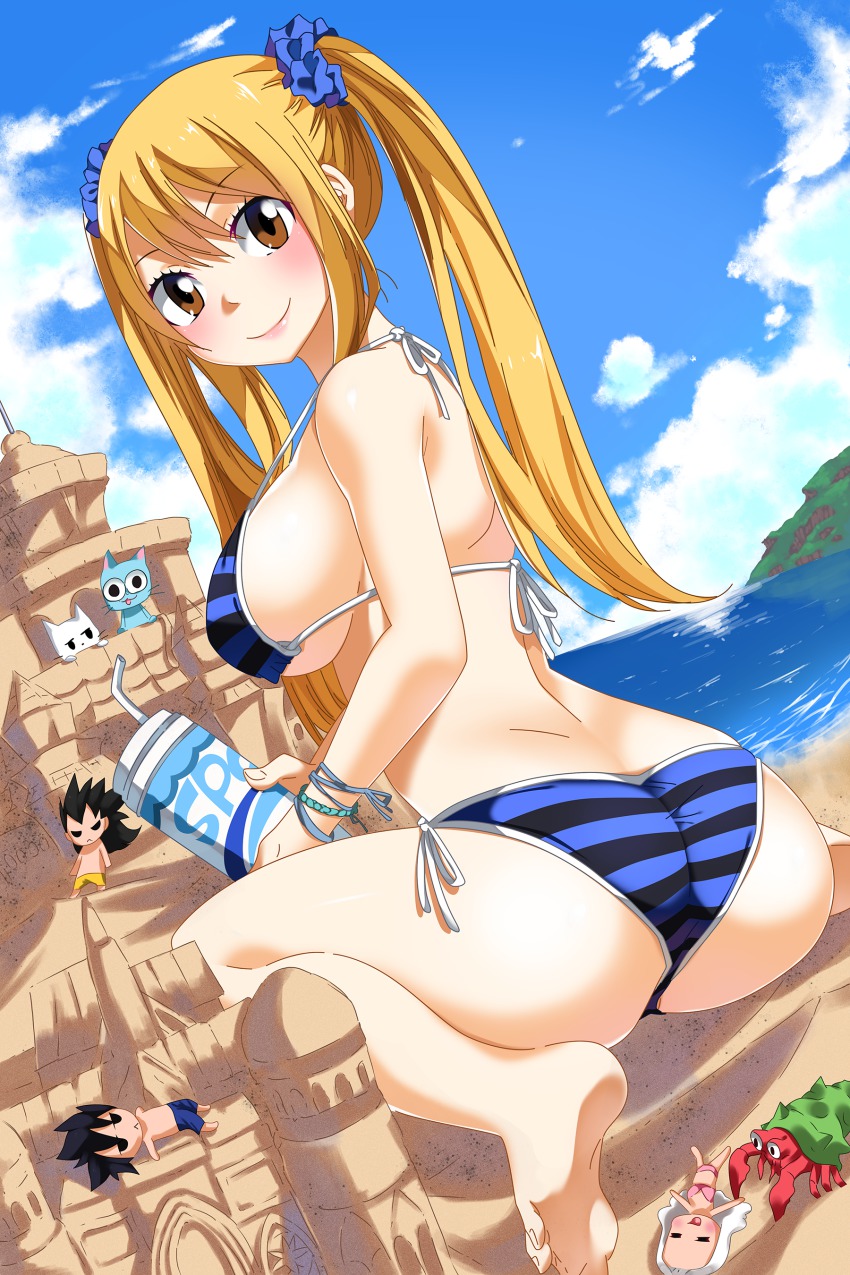 1girl, absurdres, ass, barefoot, beach, bikini, blonde_hair, blue_bikini