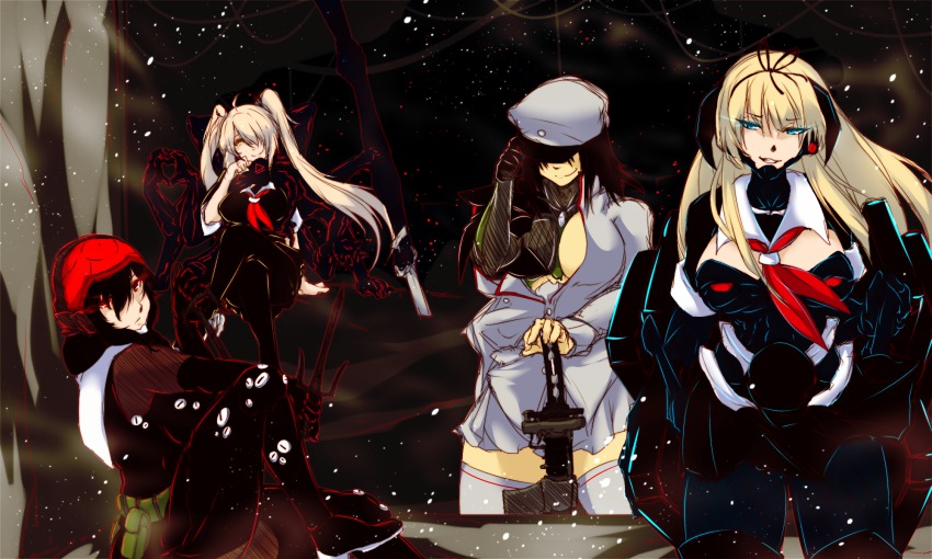 4girls, adapted_costume, adjusting_clothes, adjusting_headwear, ahoge, akitsu_maru_(kancolle), alternate_eye_color, black_gloves, black_hair, black_serafuku, blonde_hair, blue_eyes, bodysuit, breasts, brown_eyes, commentary_request, cosplay, crossed_legs, cyborg, dandara_(karakure), elbow_gloves, female_admiral_(kancolle), gloves, hair_ornament, hair_over_one_eye, hair_ribbon, hand_on_headwear, hat, headgear, highres, holding, holding_weapon, kantai_collection, large_breasts, light_brown_hair, long_hair, looking_at_viewer, metal_gear_(series), metal_gear_rising:_revengeance, military, military_uniform, mistral_(metal_gear_rising), mistral_(metal_gear_rising)_(cosplay), mistral_(metal_gear_rising)_cosplay, monsoon_(metal_gear_rising), monsoon_(metal_gear_rising)_(cosplay), monsoon_(metal_gear_rising)_cosplay, multiple_girls, murasame_(kancolle), neckerchief, pale_skin, parody, peaked_cap, pleated_skirt, red_eyes, red_neckerchief, ribbon, sai_(weapon), samuel_rodrigues, samuel_rodrigues_(cosplay), scabbard, school_uniform, serafuku, sheath, short_hair, sitting, skirt, smile, sundowner_(metal_gear_rising), sundowner_(metal_gear_rising)_(cosplay), sword, thighhighs, twintails, unsheathed, very_long_hair, weapon, white_legwear, yuudachi_(kancolle), zettai_ryouiki