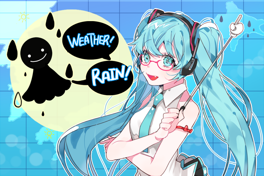 1girl, aqua_eyes, aqua_hair, bad_id, bad_pixiv_id, fang, female_focus, glasses, hatsune_miku, headphones, long_hair, necktie, news_39_(vocaloid), open_mouth, piyo_(ppotatto), solo, square-end_necktie, teruterubouzu, twintails, upper_body, very_long_hair, vocaloid, water_drop, weathergirl