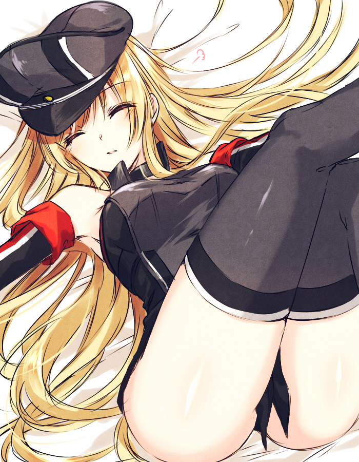 10s, 1girl, bad_id, bad_pixiv_id, bismarck_(kancolle), black_thighhighs, blonde_hair, breasts