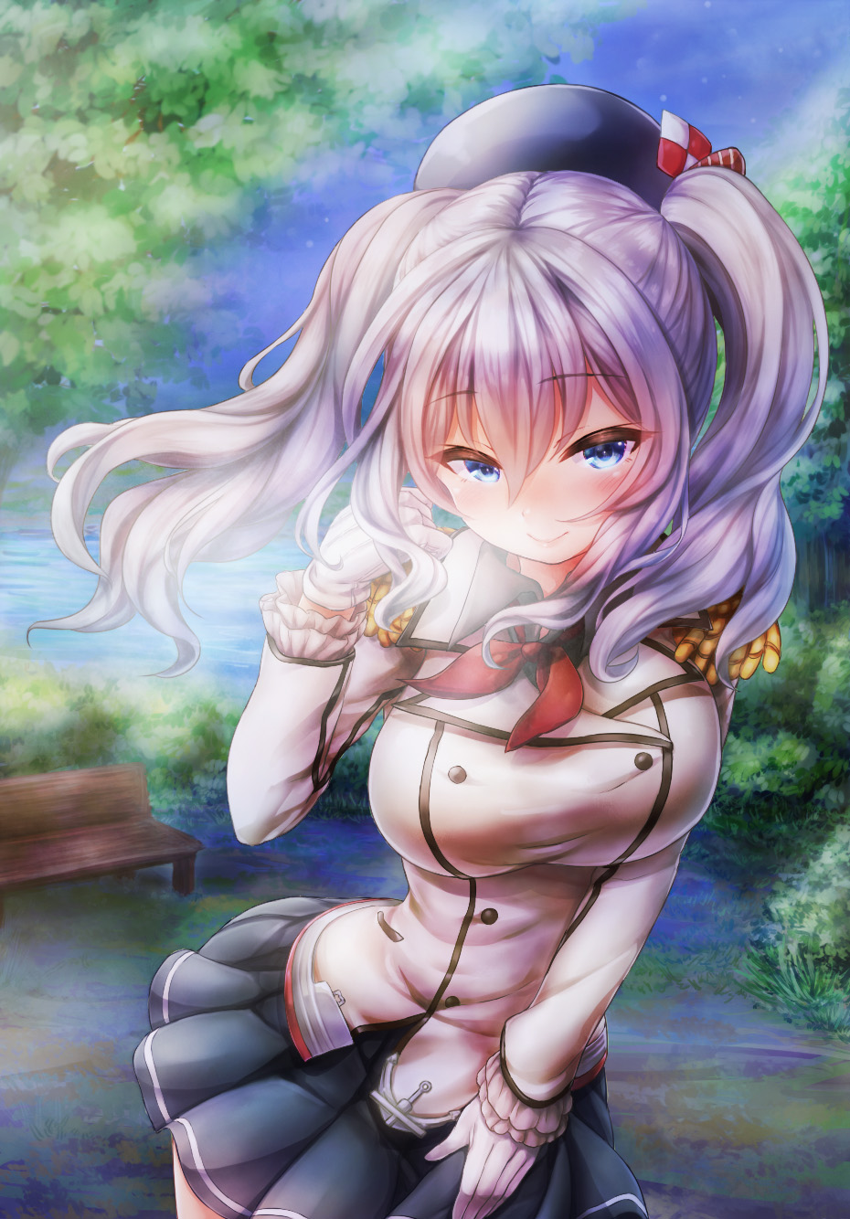 10s, 1girl, anchor, bench, blue_eyes, buttons, female_focus, gloves