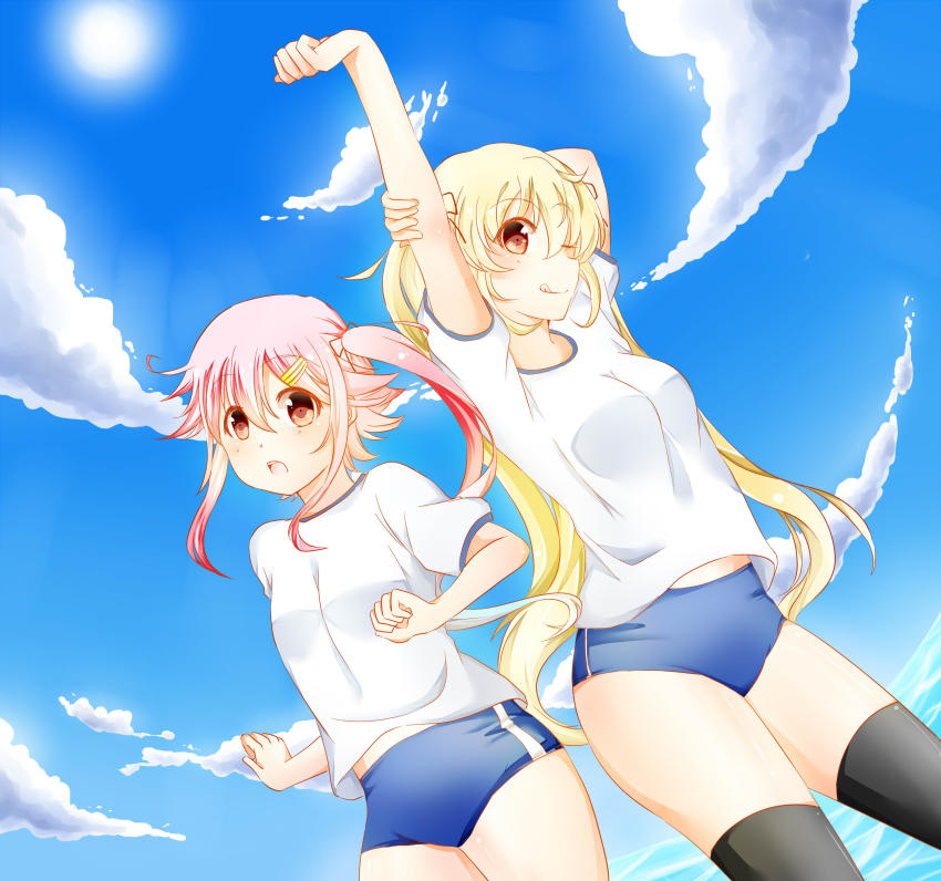 10s, 2girls, absurdres, artist_name, blue_hair, brown_hair, buruma, gradient_hair