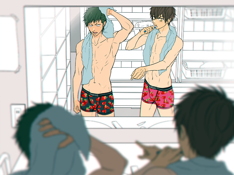 2boys, abs, ace_of_diamond, barefoot, bathroom, blush, brown_hair, food, fruit, green_hair, kuramochi_youichi, male_focus, mirror, mocchiri_oyaji, multiple_boys, muscular, sawamura_eijun, topless_male, short_hair, strawberry, sweat, tagme, tan, tanline, towel, underwear, undressing, wince, yaoi, yellow_eyes