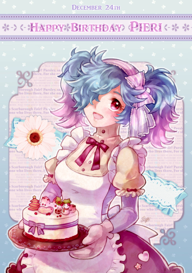 1boy, 1girl, alternate_costume, apron, blue_hair, bow, cake, character_name