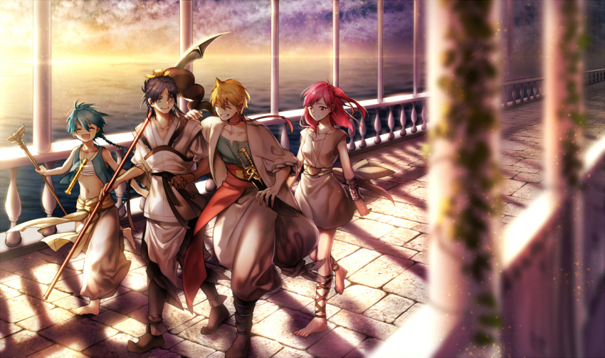 2boys, 2girls, aladdin_(magi), alibaba_saluja, ashita_(sooott), bad_id, bad_pixiv_id, baggy_pants, barefoot, black_hair, blonde_hair, blue_eyes, blue_hair, braid, bridge, dress, feet, gradient_background, jewelry, long_hair, magi_the_labyrinth_of_magic, morgiana, multiple_boys, multiple_girls, naginata, open_mouth, pants, polearm, red_eyes, red_hair, ren_hakuryuu, ren_hakuyuu, sarashi, shoes, short_hair, side_ponytail, single_braid, smile, spear, staff, sunset, sword, walking, water, weapon, white_dress