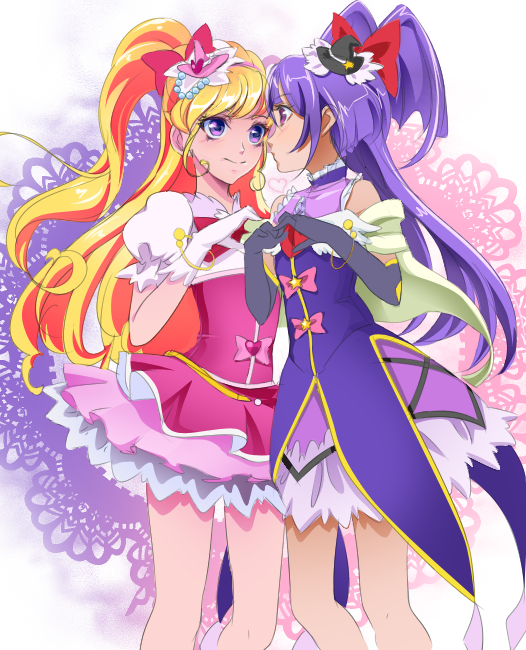 2girls, asahina_mirai, bad_id, bad_pixiv_id, bare_legs, black_gloves, black_hat, blonde_hair