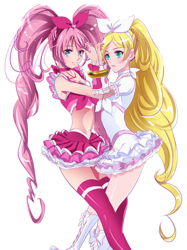 10s, 2girls, bad_id, bad_pixiv_id, blonde_hair, blue_eyes, boots, bow, braid, choker, crop_top, cure_melody, cure_rhythm, frilled_skirt, frills, green_eyes, hair_bow, houjou_hibiki, knee_boots, long_hair, looking_at_viewer, magical_girl, minamino_kanade, multiple_girls, nof, pink_bow, pink_hair, pink_legwear, pink_skirt, precure, skirt, suite_precure, thighhighs, twintails, white_background, white_bow, white_choker, white_footwear, white_skirt, wrist_cuffs