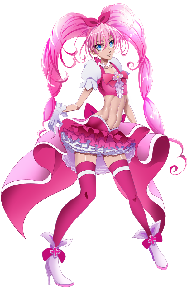 10s, 1girl, bad_id, bad_pixiv_id, blue_eyes, bow, color_connection, crop_top, cure_flora, cure_melody, female_focus, flower, flower_necklace, frilled_skirt, frills, full_body, fusion, gloves, go!_princess_precure, hair_bow, houjou_hibiki, in-franchise_crossover, jewelry, long_hair, looking_at_viewer, magical_girl, midriff, necklace, nof, pink_bow, pink_hair, pink_skirt, pink_theme, pink_thighhighs, precure, puffy_sleeves, shoes, skirt, smile, solo, standing, suite_precure, thighhighs, transparent_background, twintails, white_background, white_gloves, white_shoes
