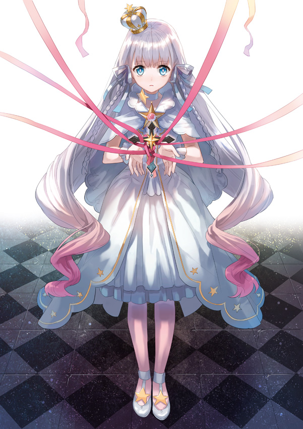 bokura_wa_mahou_shoujo_no_naka, braid, capelet, checkered_floor, choker, crown, dengeki_bunko, dress