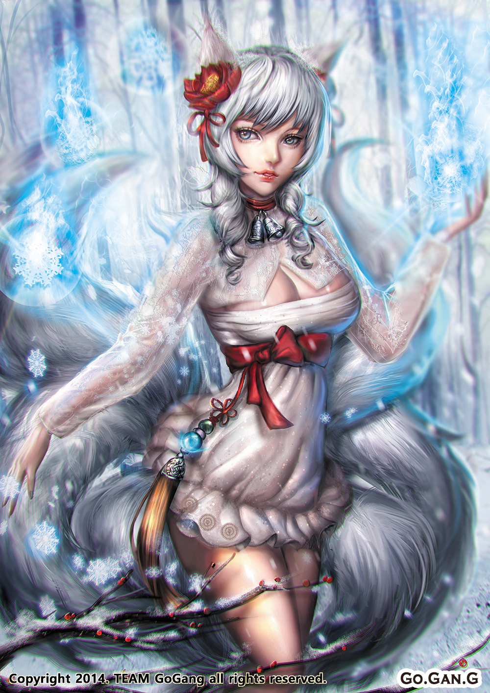 10s, 1girl, 2014, ahri_(league_of_legends), animal_ears, bare_tree, bell, blue_eyes