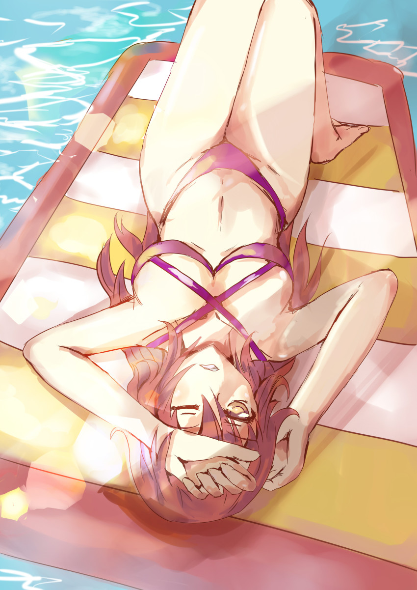 1girl, absurdres, bikini, breasts, clenched_teeth, female_focus, hand_on_forehead, highres, large_breasts, looking_at_viewer, lying, meijin93, navel, on_back, one_eye_closed, original, purple_bikini, solo, swimsuit, teeth, water
