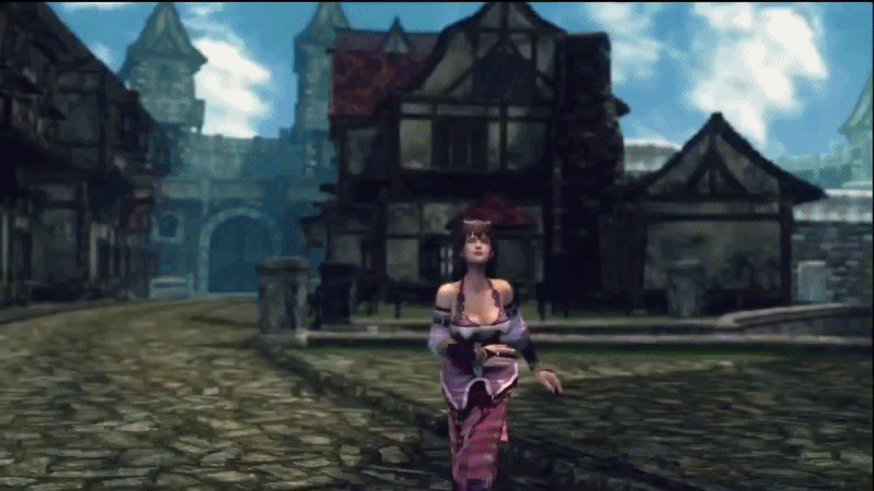 1girl, 3d, animated, animated_gif, bare_shoulders, breasts, brown_hair, cleavage, detached_sleeves, dress, female_focus, hug, incoming_hug, infinite_undiscovery, large_breasts, lips, michelle_(infinite_undiscovery), pov, running, short_hair, solo