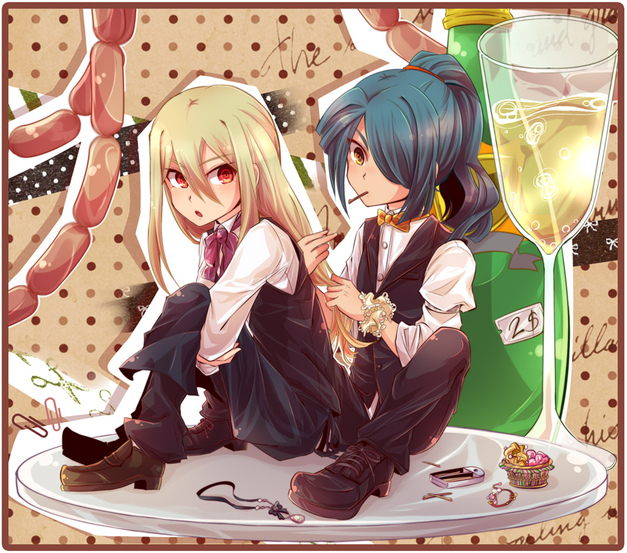 2boys, adjusting_another's_hair, alcohol, blonde_hair, blue_hair, bow, bowtie, brown_eyes