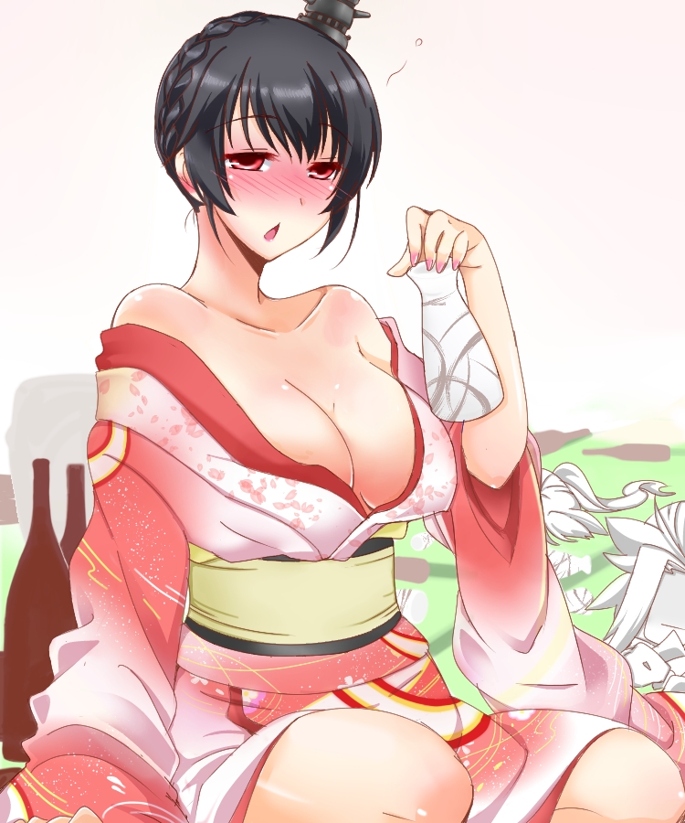 10s, 3girls, alcohol, alternate_costume, alternate_hairstyle, arm_support, bare_shoulders, black_hair
