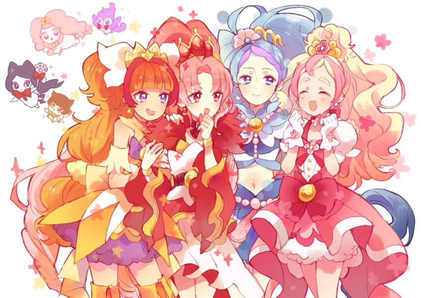 4girls, akagi_towa, amanogawa_kirara, aroma_(precure), bird, blonde_hair, blue_eyes, blue_hair, bow, bracelet, brooch, brown_hair, closed_eyes, cowboy_shot, creature, crop_top, cure_flora, cure_mermaid, cure_scarlet, cure_twinkle, dog, earrings, flower_earrings, gloves, go!_princess_precure, haruno_haruka, hayashi_(kanzume), jewelry, kaidou_minami, kuroro_(precure), long_hair, magical_girl, midriff, miss_siamour, multicolored_hair, multiple_girls, pink_bow, pink_hair, precure, puff_(precure), purple_eyes, purple_hair, red_eyes, red_hair, skirt, smile, star_(symbol), star_earrings, streaked_hair, thick_eyebrows, thighhighs, two-tone_hair, waist_bow, white_gloves