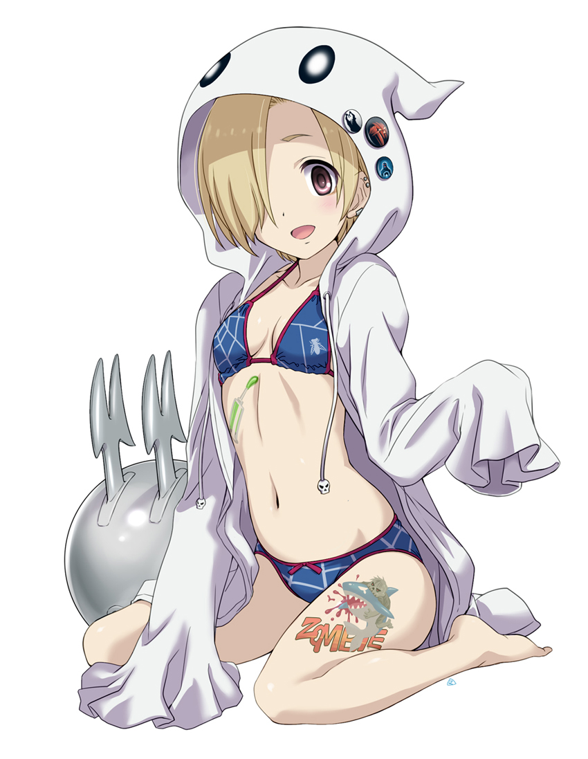 10s, 1girl, bikini, blonde_hair, blue_bikini, blush, breasts, earrings, female_focus, hair_over_one_eye, hood, hoodie, idolmaster, idolmaster_cinderella_girls, jewelry, long_sleeves, looking_at_viewer, mercy_rabbit, navel, open_mouth, phantasm, red_eyes, shirasaka_koume, short_hair, simple_background, sitting, sleeves_past_wrists, small_breasts, smile, solo, swimsuit, tattoo, wariza, white_background
