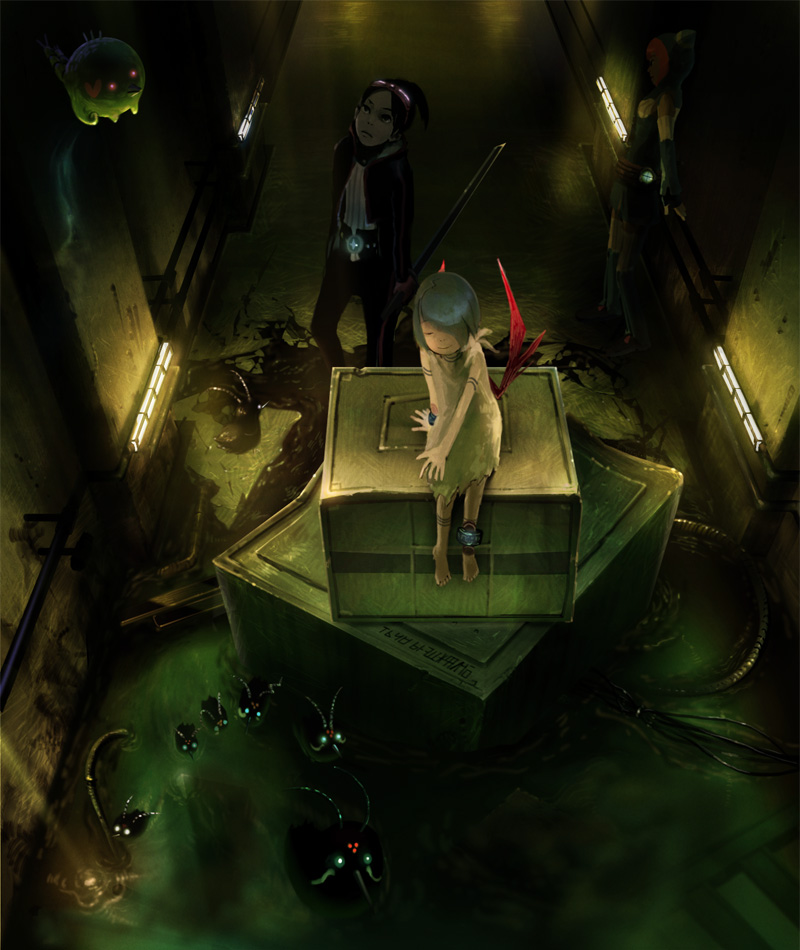 1boy, 2girls, animal_ears, animal_hood, barefoot, belt, black_hair, blush