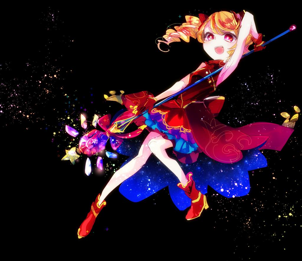 1girl, :d, armpits, bad_id, bad_pixiv_id, black_background, bow, female_focus