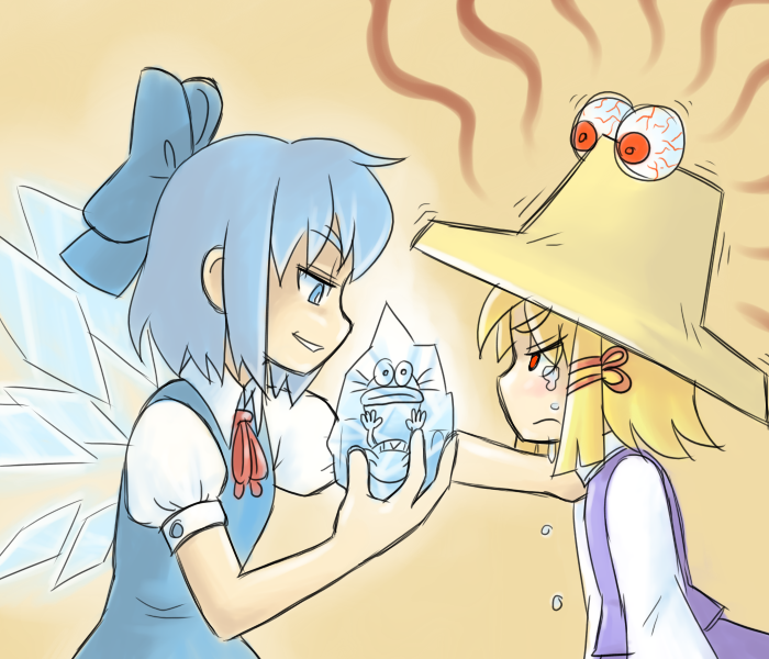 2girls, blonde_hair, blue_eyes, blue_hair, bow, cirno, crossover, edward_bighead