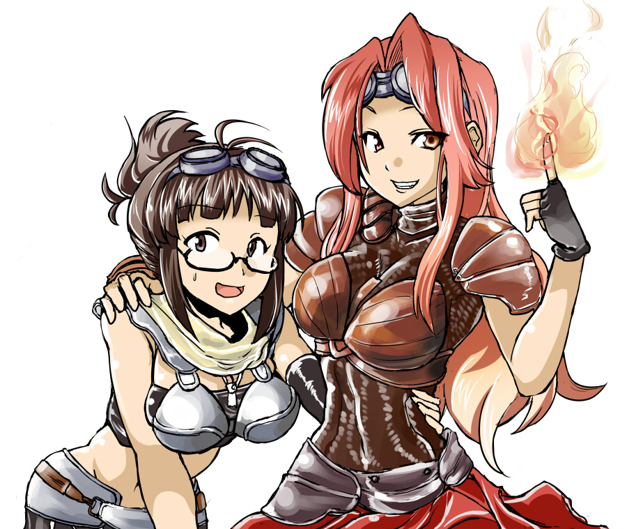 2girls, akizuki_ritsuko, armor, bad_id, bad_pixiv_id, brown_eyes, brown_hair, chandra_nalaar, crossover, fingerless_gloves, fire, folded_ponytail, glasses, gloves, goggles, goggles_on_head, grin, hand_on_another's_hip, hand_on_another's_shoulder, idolmaster, idolmaster_(classic), long_hair, magic:_the_gathering, midriff, multiple_girls, red_eyes, red_hair, shisotex, shoulder_pads, simple_background, smile, sweatdrop, white_background