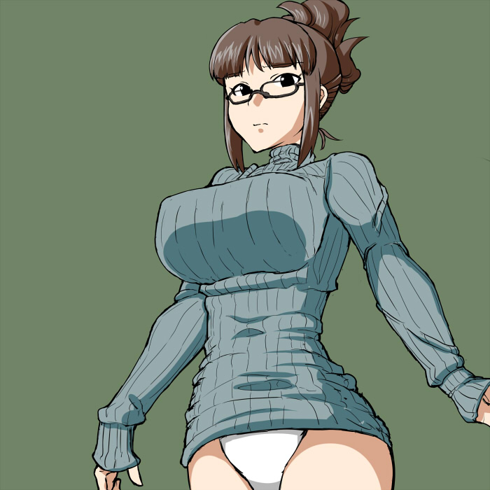 1girl, akizuki_ritsuko, bad_id, bad_pixiv_id, black_eyes, breasts, brown_hair, cowboy_shot, female_focus, folded_ponytail, glasses, green_background, idolmaster, idolmaster_(classic), large_breasts, no_pants, panties, ribbed_sweater, shisotex, simple_background, solo, sweater, underwear, white_panties