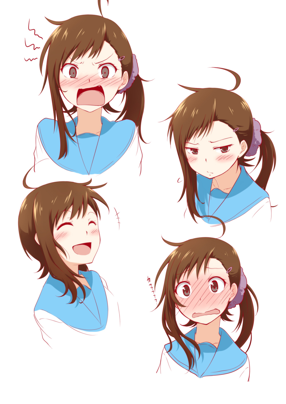 10s, 1girl, ahoge, angry, blush, brown_eyes, brown_hair, reference_sheet, embarrassed, multiple_expressions, hair_ornament, hairclip, highres, laughing, long_hair, looking_at_viewer, multiple_views, nagomiya_(shousha), nisekoi, onodera_haru, open_mouth, school_uniform, side_ponytail, white_background